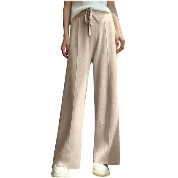 Women's High Waist Knitted Pant Knitted Fall Winter Warm Casual Drawstring Elastic Stylish Wide Leg Pants Trouser (3XL, Beige)