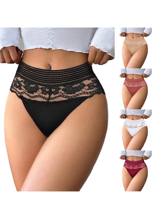 Women's High Waist Lace Briefs Solid Color Crotch Underwear Panties G String Thongs for Women plus Size M