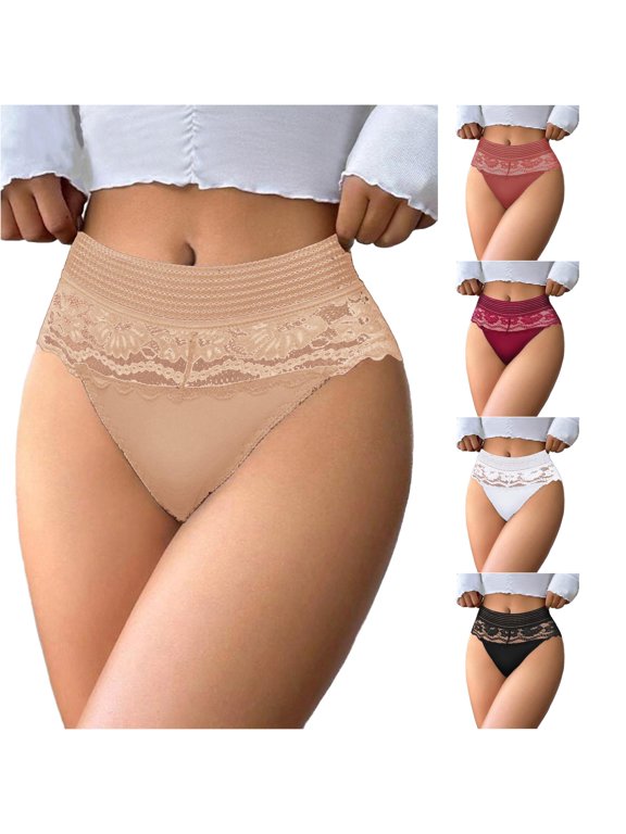 Women's High Waist Lace Briefs Solid Color Crotch Underwear Panties G String Thongs for Women plus Size XL
