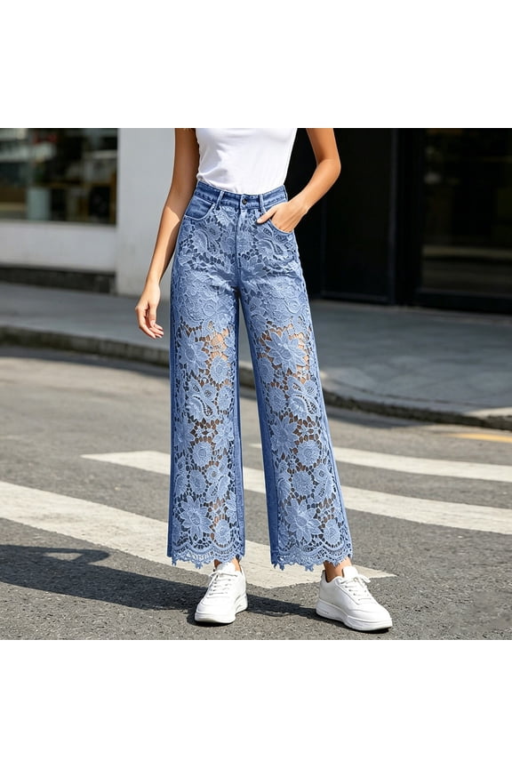 Women's High Waist Lace Denim Pants Rhinestone Embellished Hollow Out Ripped Straight Leg Jeans Asymmetric Floral Patchwork Retro Slim Fit Casual Summer Trousers Blue 1 S