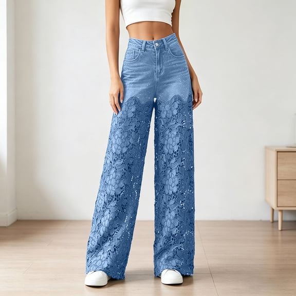 Women's High Waist Lace Denim Pants Rhinestone Embellished Hollow Out Ripped Straight Leg Jeans Asymmetric Floral Patchwork Retro Slim Fit Casual Summer Trousers Blue M