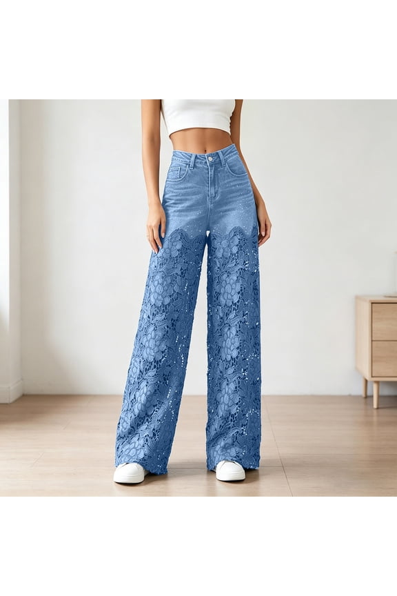 Women's High Waist Lace Denim Pants Rhinestone Embellished Hollow Out Ripped Straight Leg Jeans Asymmetric Floral Patchwork Retro Slim Fit Casual Summer Trousers Blue M
