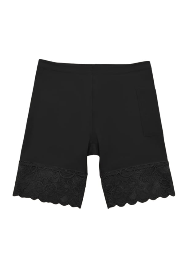 Women's High Waist Lace Hem Safety Shorts, Nylon Seamless No Roll Anti-Chafing Boyshort Under Dress Layering Shorts Black L