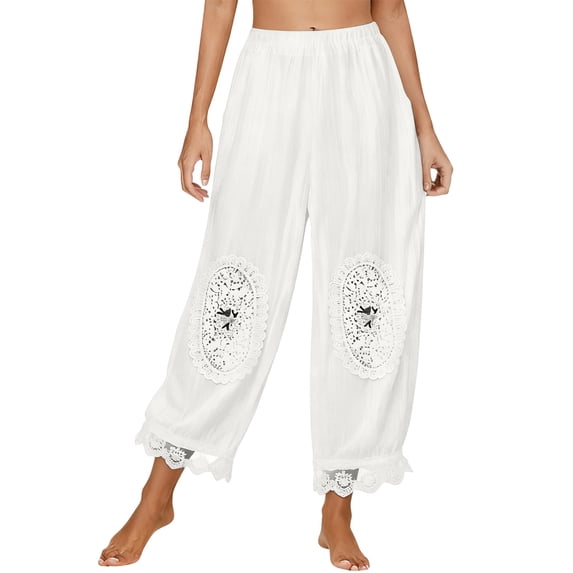 Women's High Waist Lace Patchwork Boho Pants Elastic Waist Loose Casual Cropped Harem Trousers