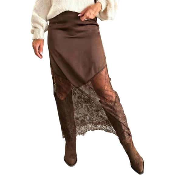 Women's High Waist Lace Patchwork Maxi Skirt, Elegant A-Line Flowy Long Skirt with Lace Trim, 2026 New Y2K Boho Casual Party Beach Vacation Skirts