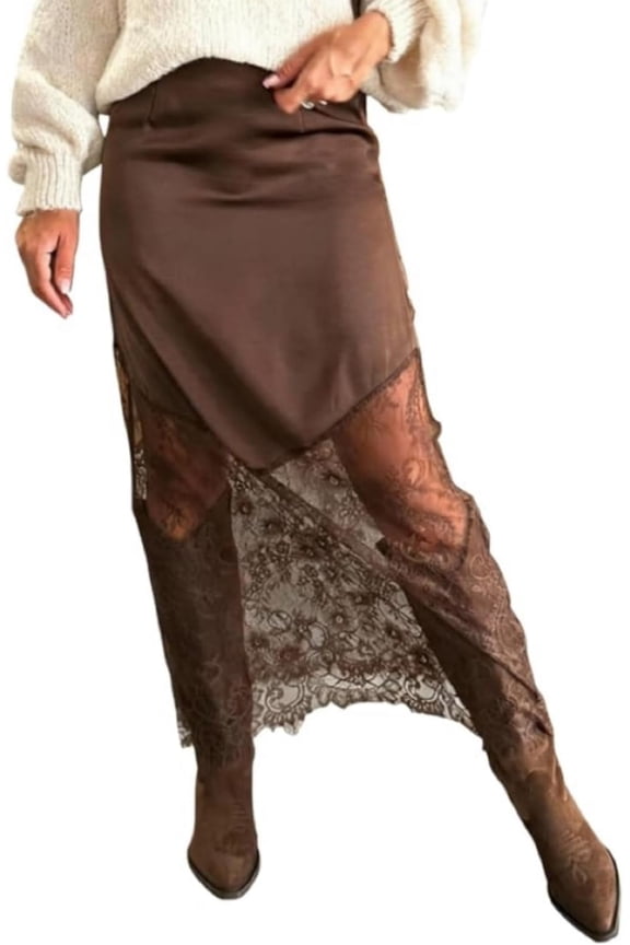 Women's High Waist Lace Patchwork Maxi Skirt, Elegant A-Line Flowy Long Skirt with Lace Trim, 2026 New Y2K Boho Casual Party Beach Vacation Skirts