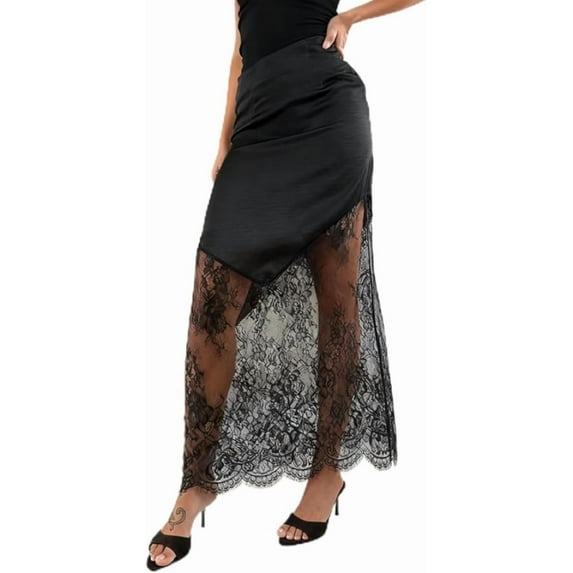 Women's High Waist Lace Patchwork Maxi Skirt, Elegant A-Line Flowy Long Skirt with Lace Trim, 2026 New Y2K Boho Casual Party Beach Vacation Skirts