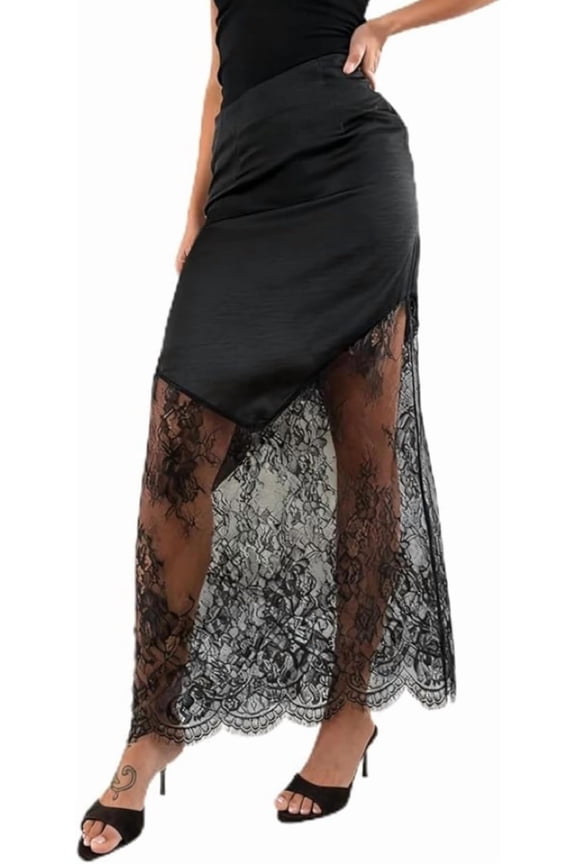 Women's High Waist Lace Patchwork Maxi Skirt, Elegant A-Line Flowy Long Skirt with Lace Trim, 2026 New Y2K Boho Casual Party Beach Vacation Skirts