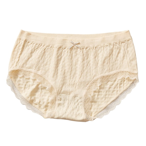 Women's High Waist Lace Trim Panties - Breathable Ribbed Fabric Double Crotch Design for Daily Comfort, One Size