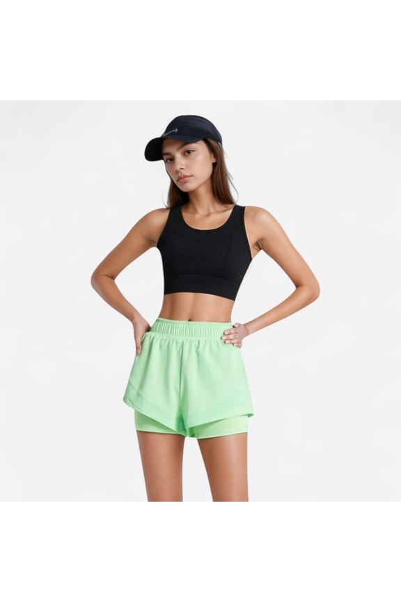 Women's High Waist Layered Active Shorts with Inner Compression Liner and Wide Elastic Waistband - Large, Green