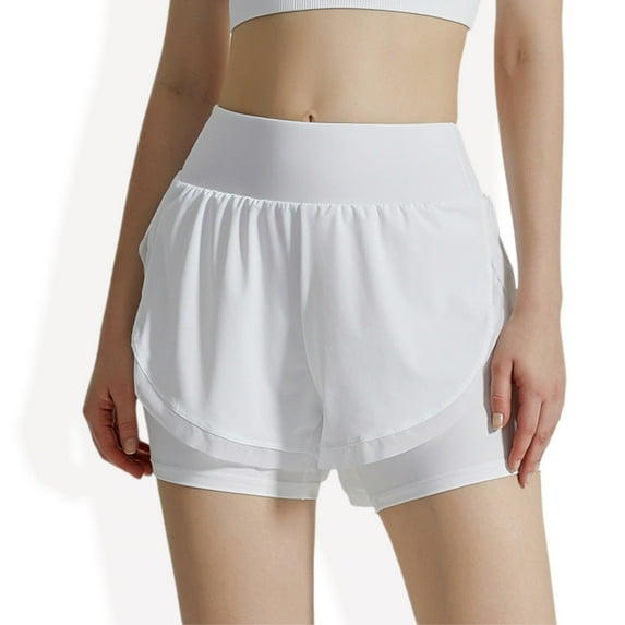 Women's High Waist Layered Athletic Shorts with Mesh Lining and Side Pockets- Large, White