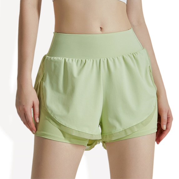 Women's High Waist Layered Athletic Shorts with Mesh Lining and Side Pockets- Small, Green