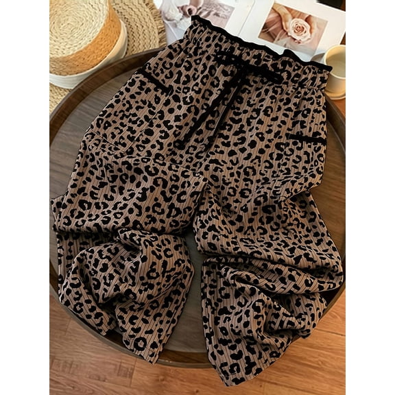 Women's High Waist Leopard Trousers, Straight Leg Loose Fit Pants with Pockets for Going Out & Casual Wear