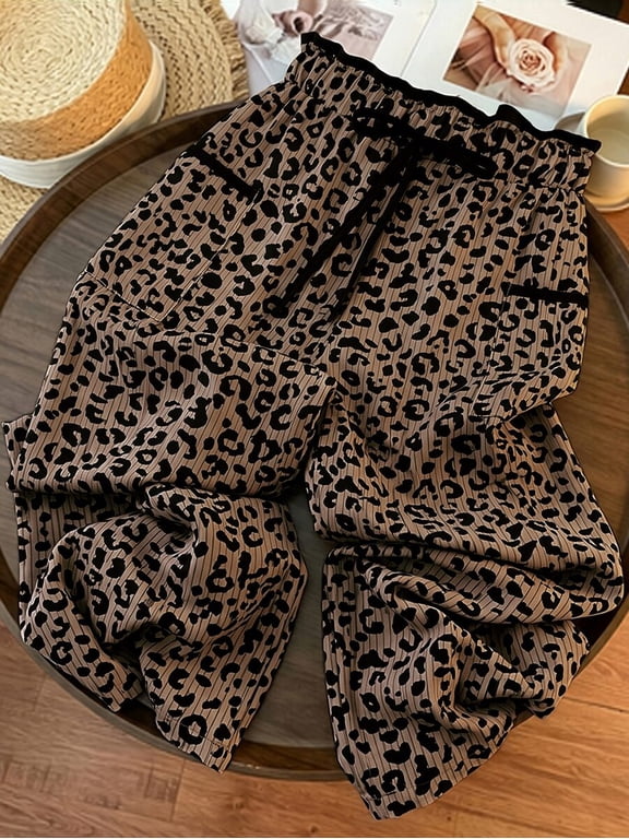 Women's High Waist Leopard Trousers, Straight Leg Loose Fit Pants with Pockets for Going Out & Casual Wear