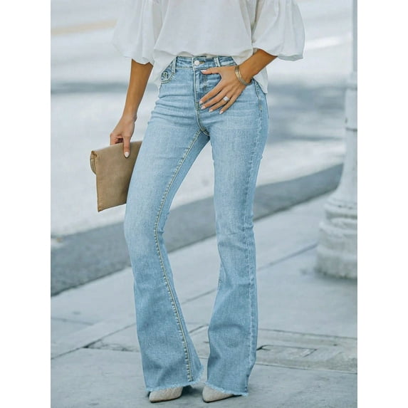 Women’s High Waist Light Wash Frayed Flare Jeans Pant cuff hemming design Stretch Denim for Effortless Retro Chic