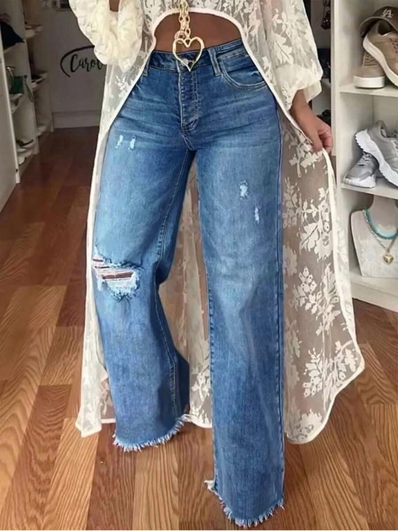 Women's High Waist Light Wash Wide Leg Distressed Jeans, Full Length Raw Frayed Hem Ripped Denim Pants, Casual Bottoms for Fall