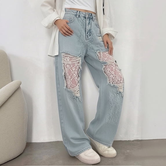 Women's High Waist Light Wash Wide Leg Jeans, Hollow Lace Patch Distressed Denim Trousers with Pockets Streetwear Light Blue XL(XL)