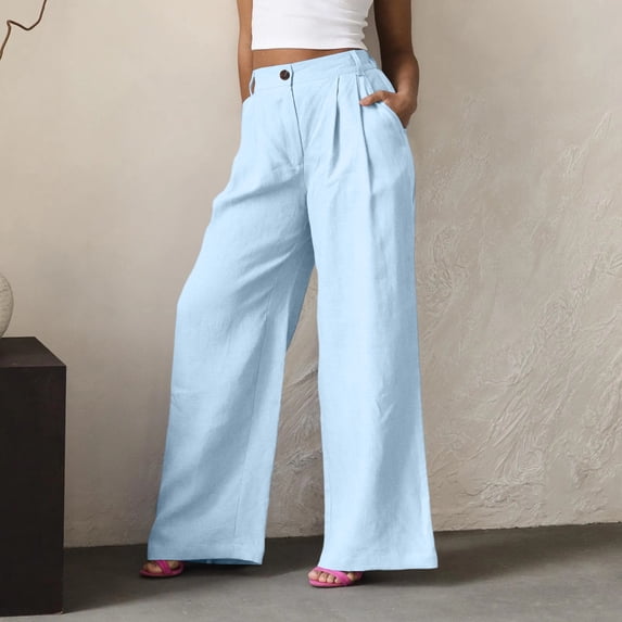 Women's High Waist Lightweight Linen Pants Boho Wide Leg Loose Fit Summer Trousers Sky Blue S