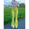 thumbnail image 1 of Women’s High Waist Lime Yellow Flare Jeans Stretch Curve Hugging Denim for Retro Bold Style Eye catching and Flattering, 1 of 8