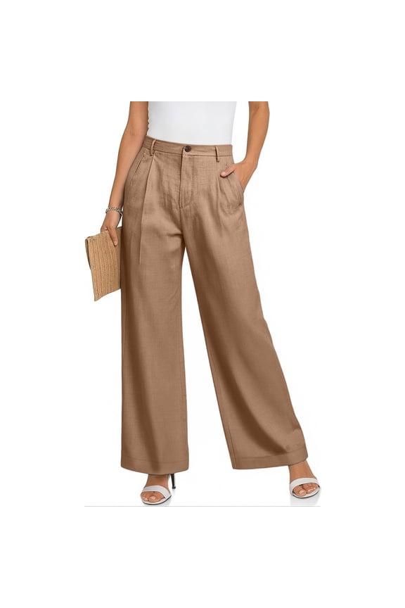 Women's High Waist Linen Beach Pants Boho Wide Leg Loose Fit Summer Vacation Trousers Camel M