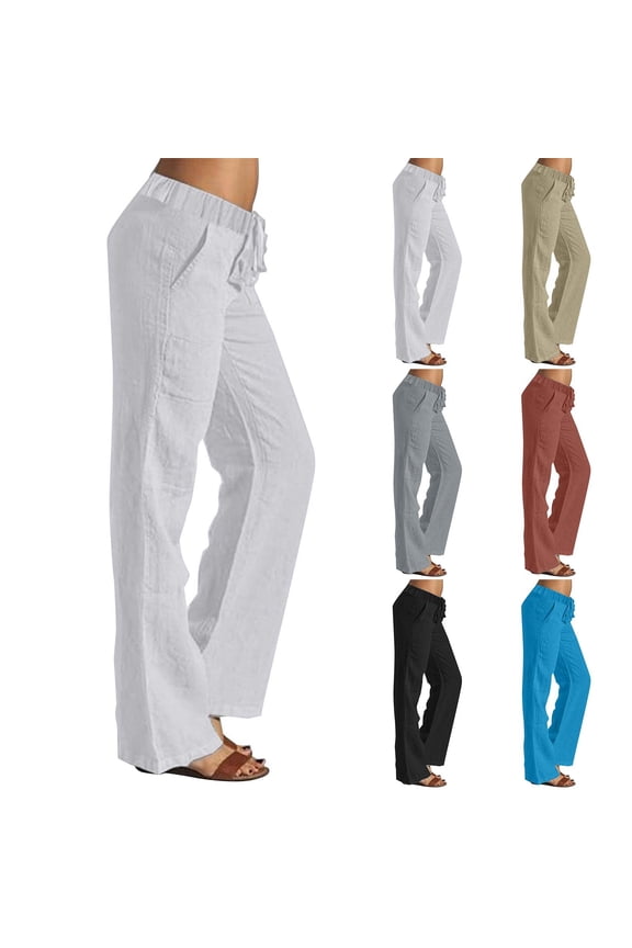 Women's High Waist Linen Blend Pants, Wide Leg Paper Bag Waist Palazzo Trousers with Side Pockets, Summer Beach Casual Pants for Vacation, Lounge and Daily Wear