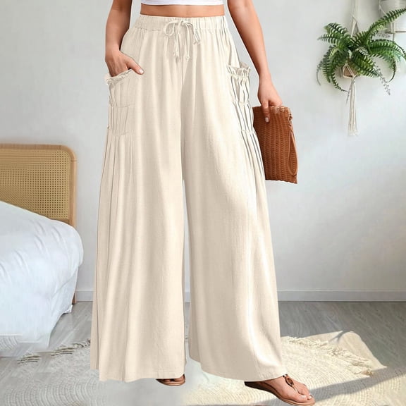 Women's High Waist Linen Wide Leg Pants with Tuck Pleats Pockets Bohemian Style Casual Trousers for Summer Beach Vacation Outfits and Travel Wear Beige M