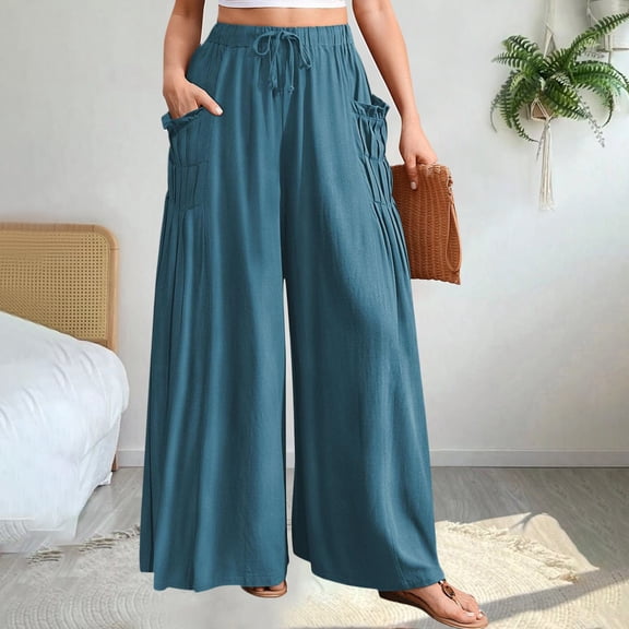 Women's High Waist Linen Wide Leg Pants with Tuck Pleats Pockets Bohemian Style Casual Trousers for Summer Beach Vacation Outfits and Travel Wear Sky Blue S