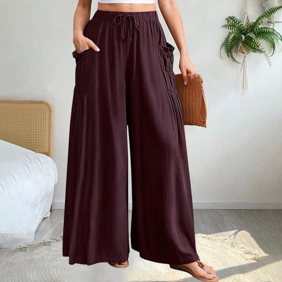 Women's High Waist Linen Wide Leg Pants with Tuck Pleats Pockets Bohemian Style Casual Trousers for Summer Beach Vacation Outfits and Travel Wear Wine S