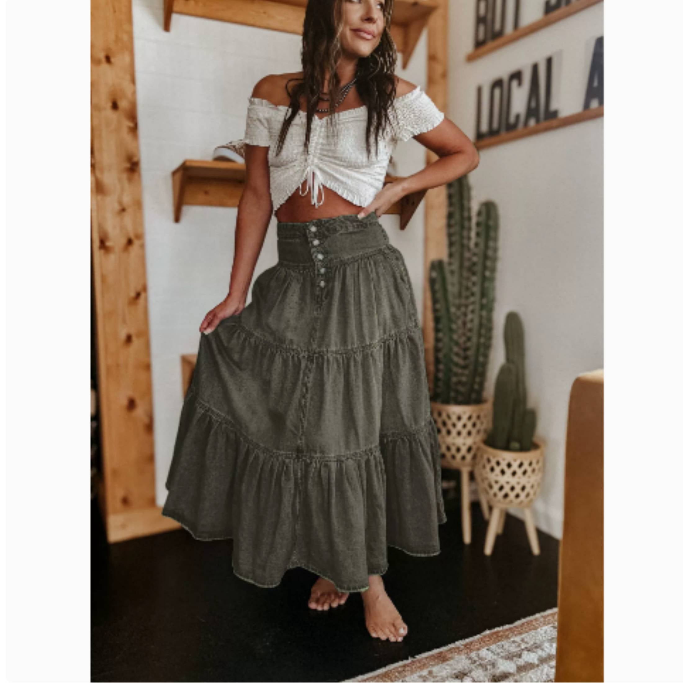 Women's High Waist Long Denim Skirt Button-Fly Tiered Ruffle Swing A ...
