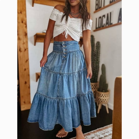 Women's High Waist Long Denim Skirt Button-Fly Tiered Ruffle Swing A-Line Jean Maxi Skirt with Pockets