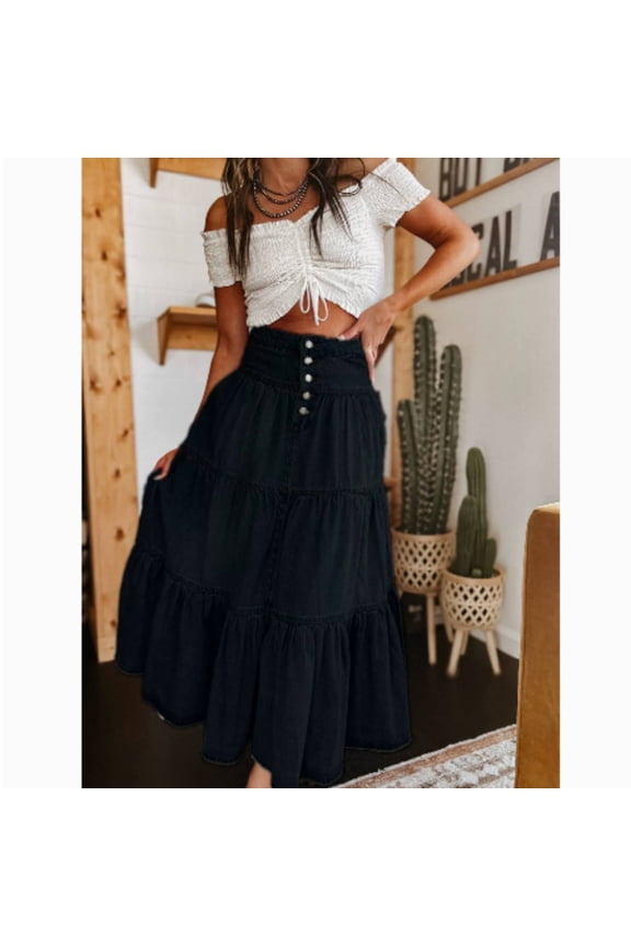 Women's High Waist Long Denim Skirt Button-Fly Tiered Ruffle Swing A-Line Jean Maxi Skirt with Pockets