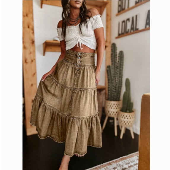 Women's High Waist Long Denim Skirt Button-Fly Tiered Ruffle Swing A-Line Jean Maxi Skirt with Pockets