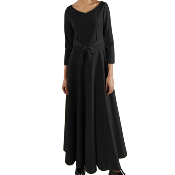 Women's High Waist Long Dress with Tie Detail - Round Neck 3/4 Sleeve - Versatile for Daily & Parties