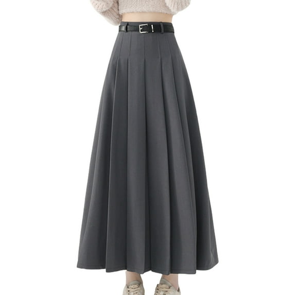 Women's High Waist Long Skirt with Pleats and Adjustable Belt Solid Color A Line Dress for a Sophisticated Look