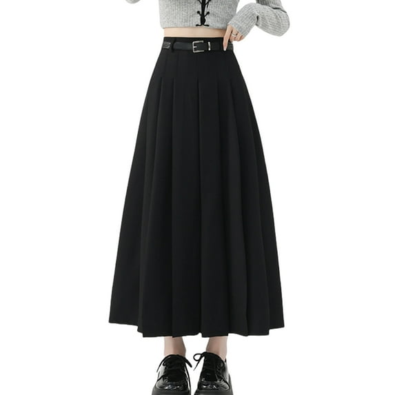 Women's High Waist Long Skirt with Pleats and Adjustable Belt Solid Color A Line Dress for a Sophisticated Look