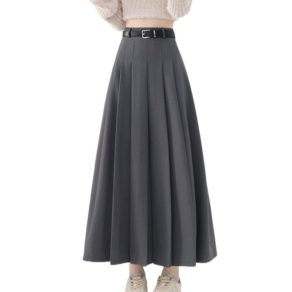 Women's High Waist Long Skirt with Pleats and Adjustable Belt Solid Color A Line Dress for a Sophisticated Look