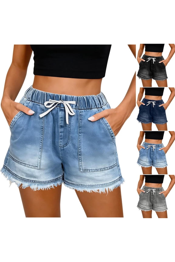 Women's High Waist Loose Casual Denim Shorts, Flattering Fit Stretchy Comfort, Functional Pockets Solid Color, Summer Vacation Everyday Wear, Denim Jeans | VerBelle,Dark Blue XL