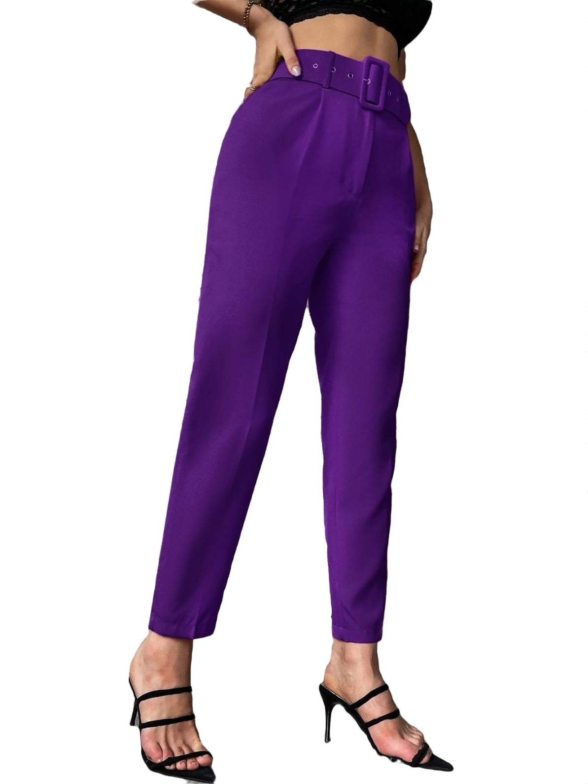 Women's High Waist Loose Fit Belt Carrot Work Pants Purple