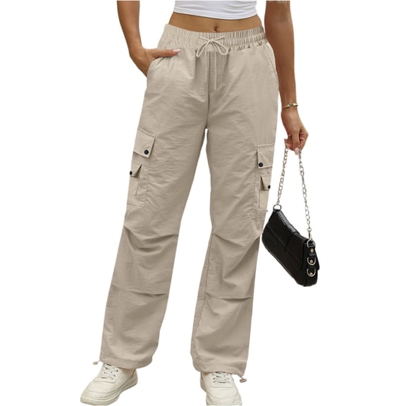 Women's High Waist Loose Fit Pants with Multi-Pockets & Drawstring, Adjustable Cuffs, Casual Style, Khaki, Size S