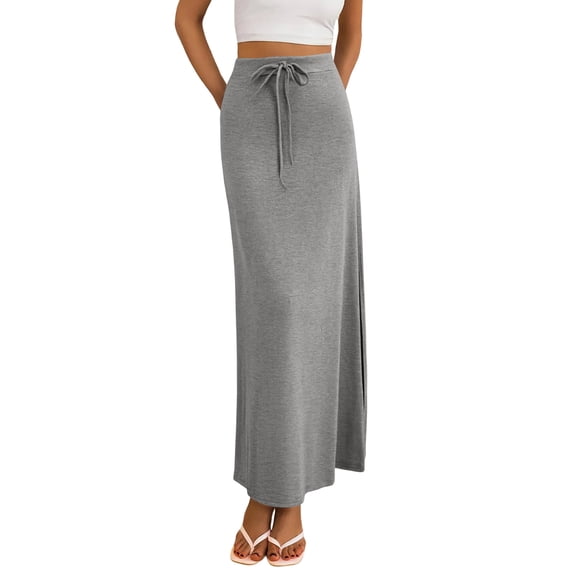 Women’s High Waist Maxi Skirt with Adjustable Drawstring Waistband and Side Slit Long Straight Hem Casual Style Gray L