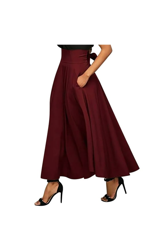 Women's High Waist Maxi Skirt with Pockets, Elegant A-Line Long Skirt for Casual and Formal Occasions, Burgundy