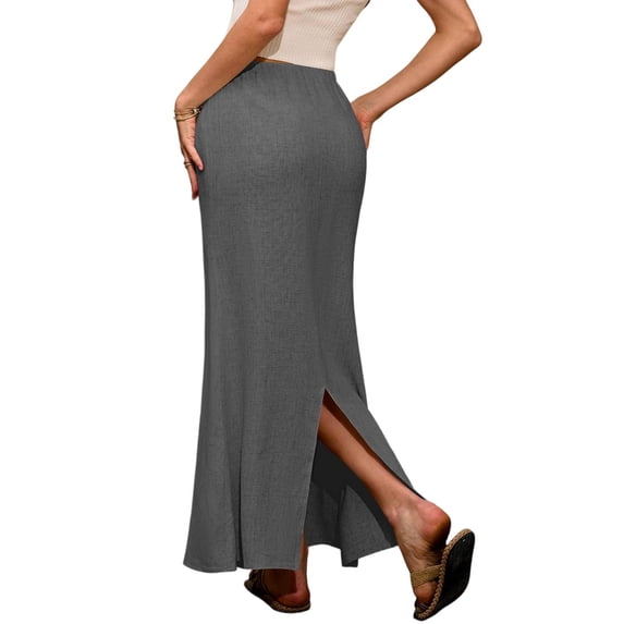 Women’s High Waist Maxi Skirt with Side Slit Soft Stretchy Fabric Floor Length Skirt for Casual or Workwear Dark Gray M