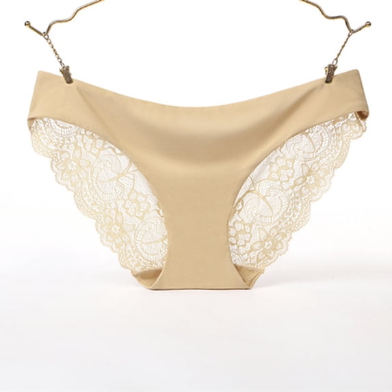 Women's High Waist Mesh Underwear Set Lace Thong Breathable Panties for Daily Comfort, L, Beige