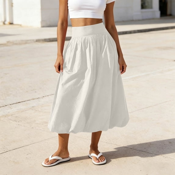 Women's High Waist Midi Skirt, Loose Casual Elastic Waist A-Line Puff Skirt for Daily Wear White XL