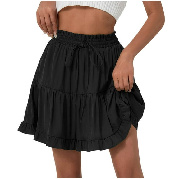 Women's High Waist Mini Skirt Ruffle Drawstring Elastic Flowy Tiered Short Summer Beach Skirts Black L