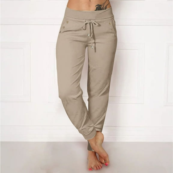 Women's High Waist Open Bottom Joggers Sweatpants Loose Fit Yoga Pants with Pockets Lightweight Athletic Lounge Casual Wear Khaki S