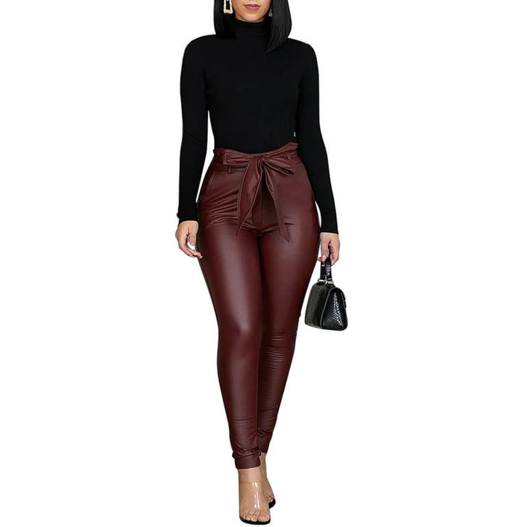 Trendy High Rise Paper Bag Style Brown Leather Pants for Women