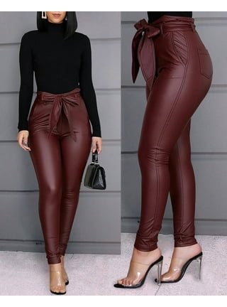 High Waist PU Leather Stacked Pencil Pink Leather Trousers Black