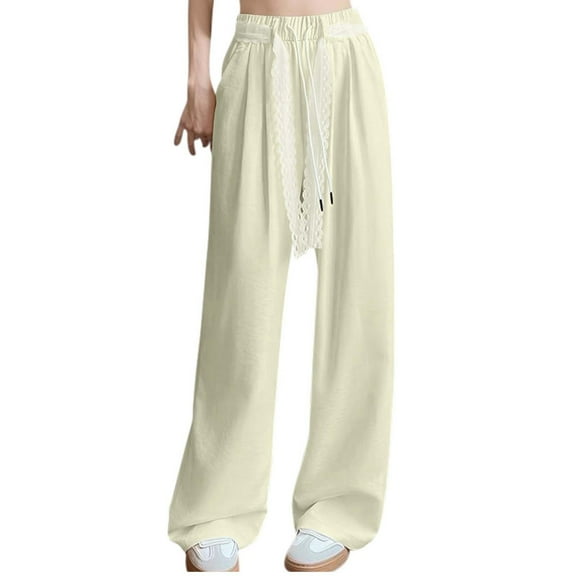 Women's High Waist Pants Casual Elastic Drawstring Straight Leg Trouser Lace Lounge Pant Abdominal Care Stretch Clothes (L, Beige)