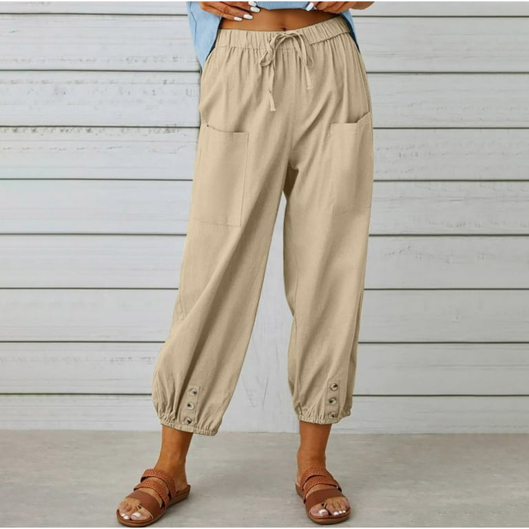 Women's High Waist Pants Drawstring Capri Pants with Pockets Wide